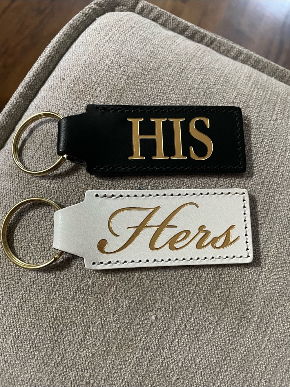 Leather 'His' and 'Hers'  Keychain Set - Black & White with Gold Lettering